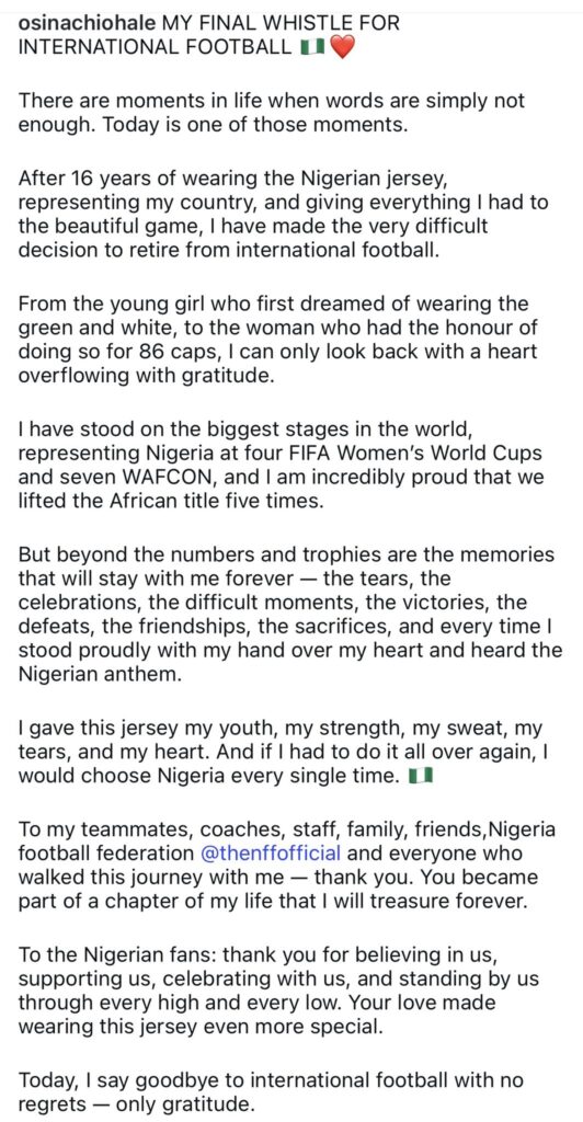 Five-time WAFCON winner Osinachi Ohale retires from international football