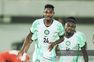 Moses Usor reacts after scoring winning goal on Super Eagles debut