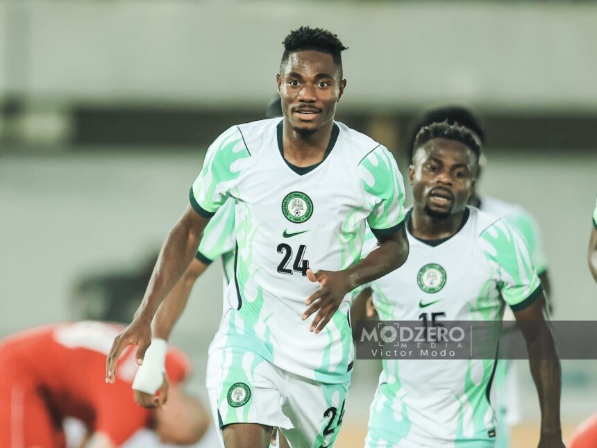 Moses Usor reacts after scoring winning goal on Super Eagles debut