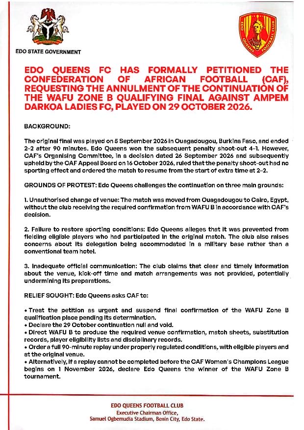 Edo Queens petition CAF to annul Ampem Darkoa defeat and demand WAFU-B final replay