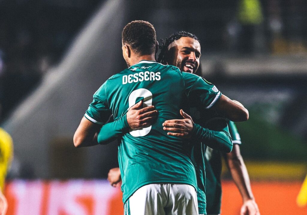 Cyriel Dessers celebrates his goal against Kairat