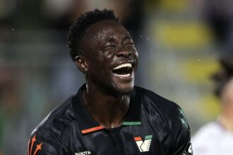 Akor Adams celebrating his goal against Napoli