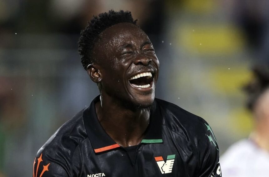 Akor Adams celebrating his goal against Napoli